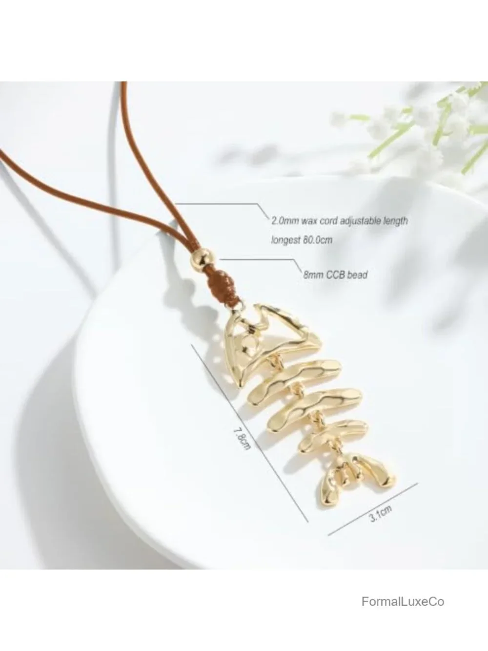 Gold Plated Statement Fish Bone Pendant Necklace Long Wax Cord Chain Women